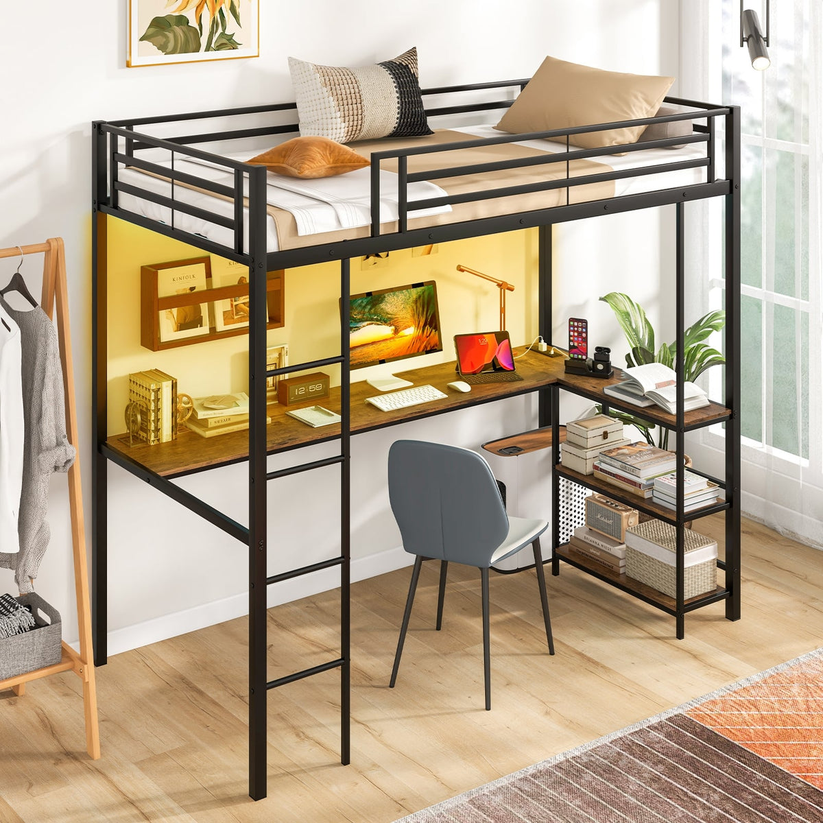 Lit mezzanine une place avec bureau et étagères LED