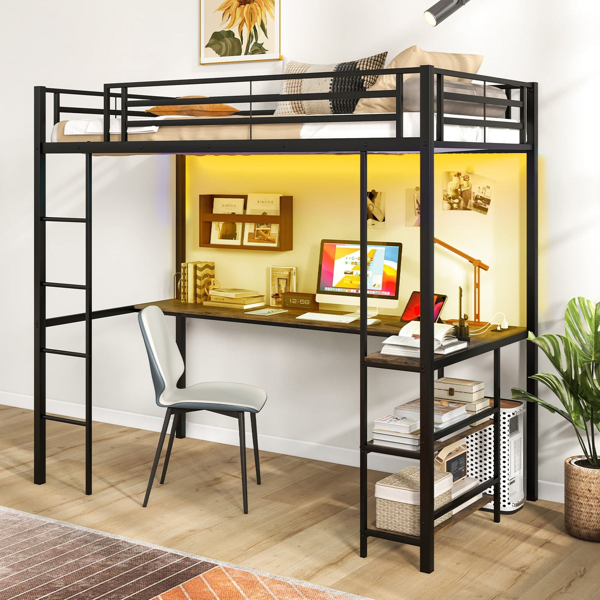 Lit mezzanine une place avec bureau et étagères LED