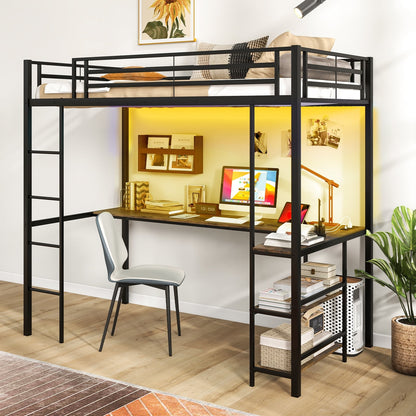 Lit mezzanine une place avec bureau et étagères LED