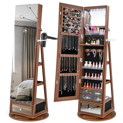Armoire à bijoux pivotante verrouillable avec miroir pleine longueur et DEL