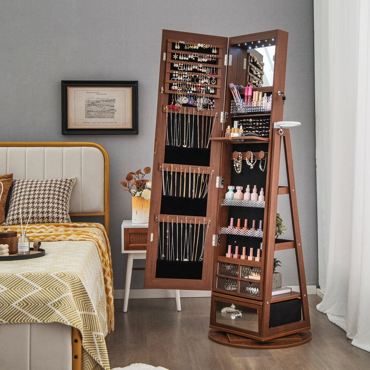 Armoire à bijoux pivotante verrouillable avec miroir pleine longueur et DEL