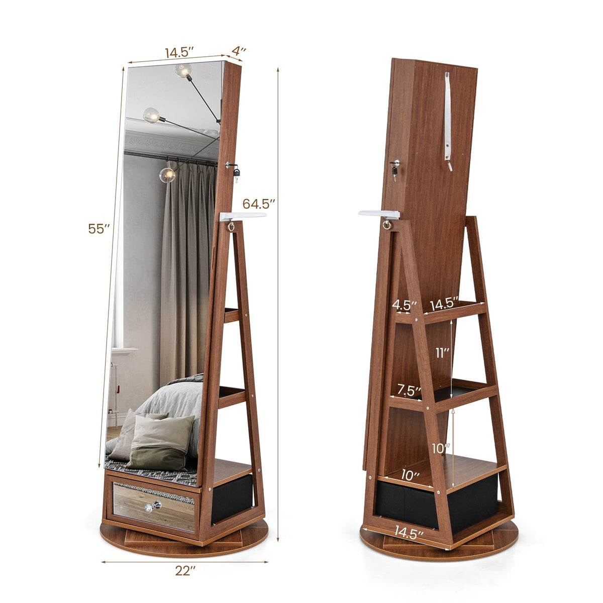 Armoire à bijoux pivotante verrouillable avec miroir pleine longueur et DEL