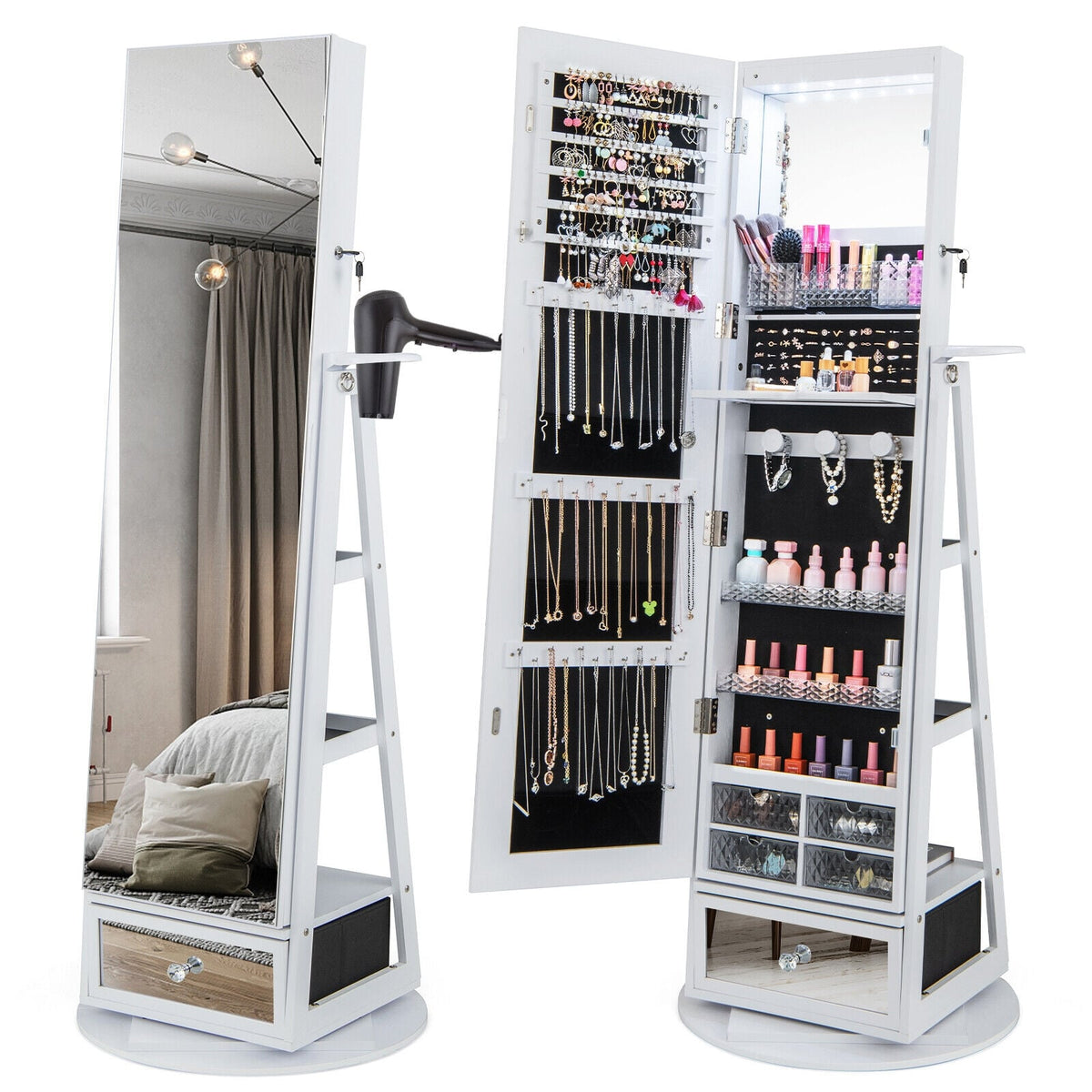 Armoire à bijoux pivotante verrouillable avec miroir pleine longueur et DEL