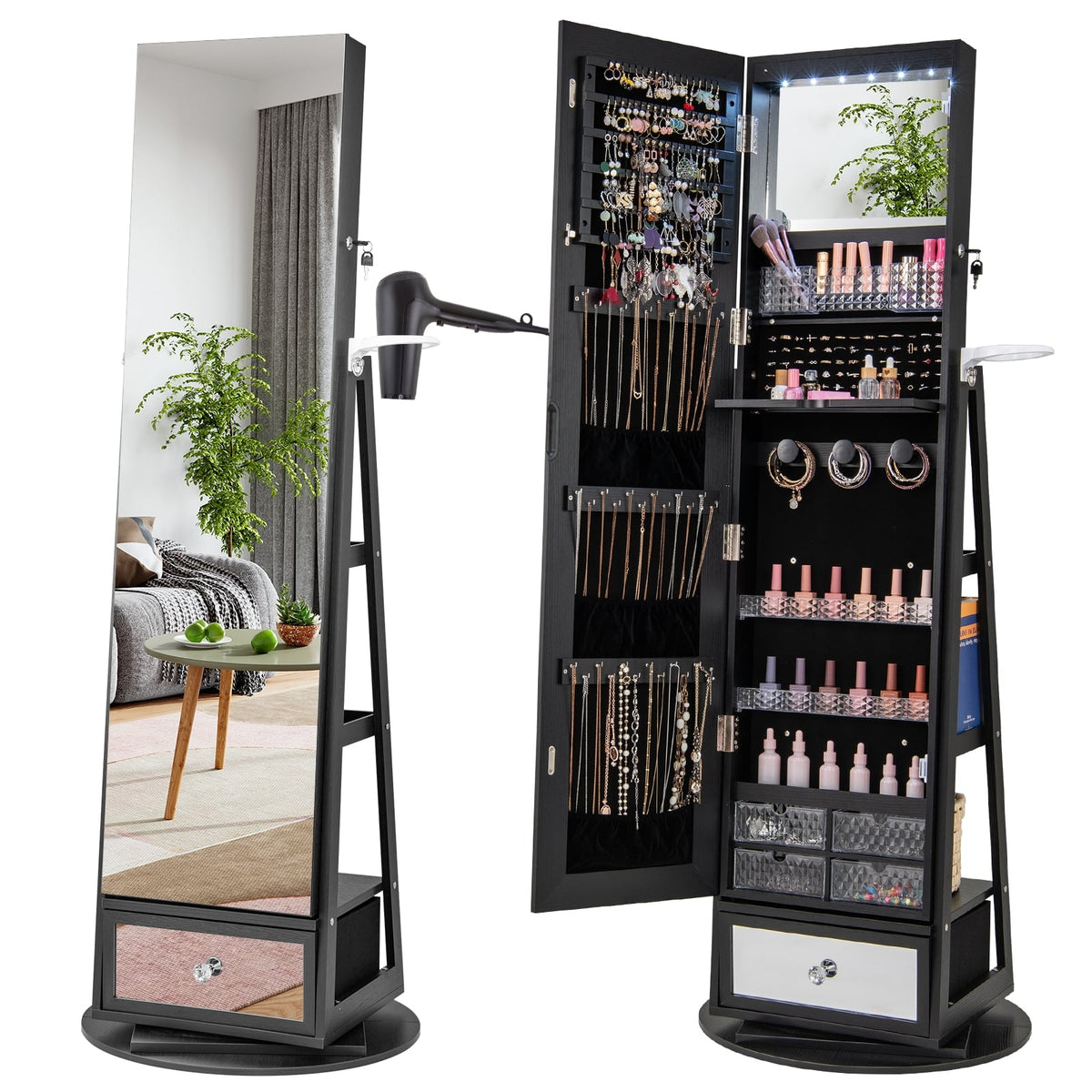 Armoire à bijoux pivotante verrouillable avec miroir pleine longueur et DEL
