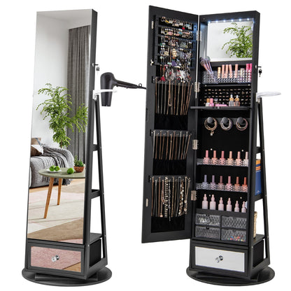 Armoire à bijoux pivotante verrouillable avec miroir pleine longueur et DEL
