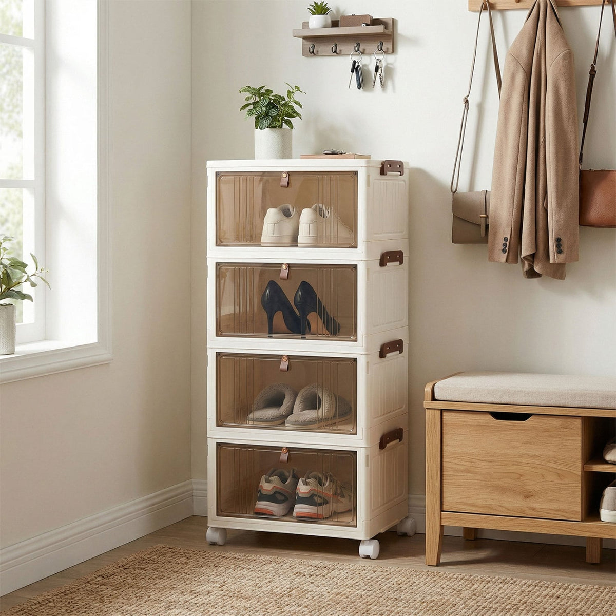 Meuble à chaussures pliable à roulettes
