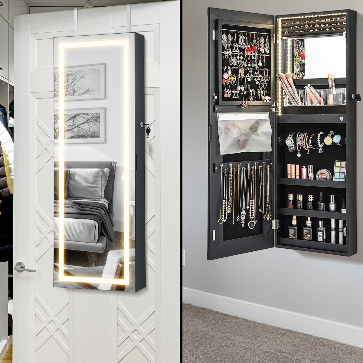 Armoire à bijoux murale verrouillable avec miroir et DEL