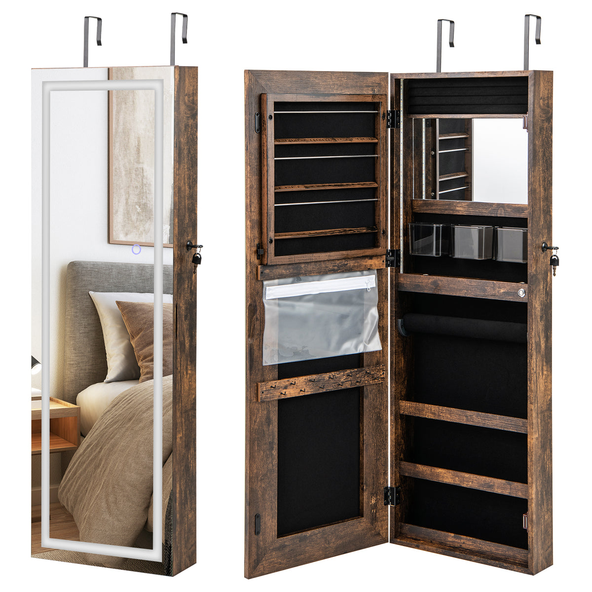 Armoire à bijoux murale verrouillable avec miroir et DEL