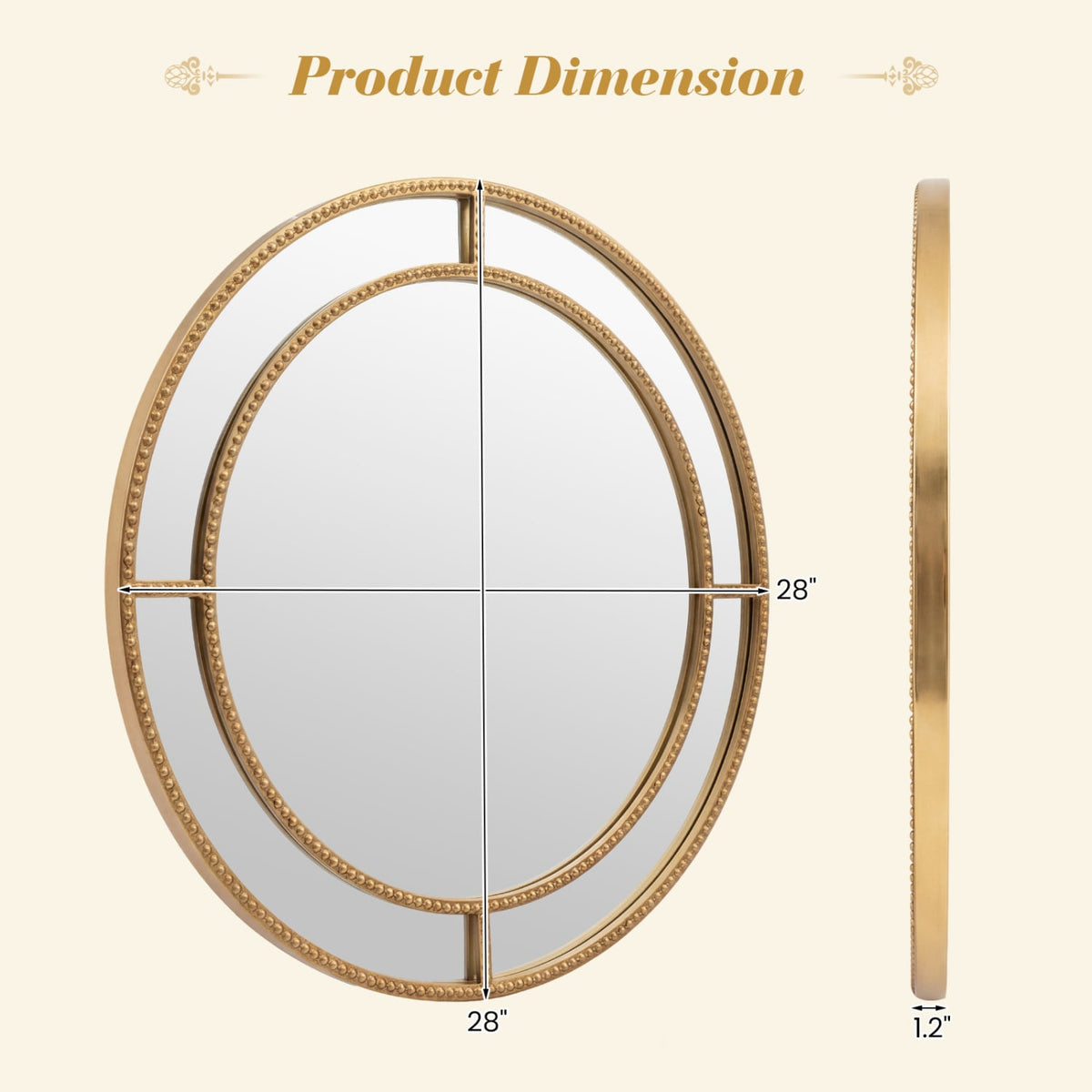 Miroir mural rond doré perlé 71 cm — Or
