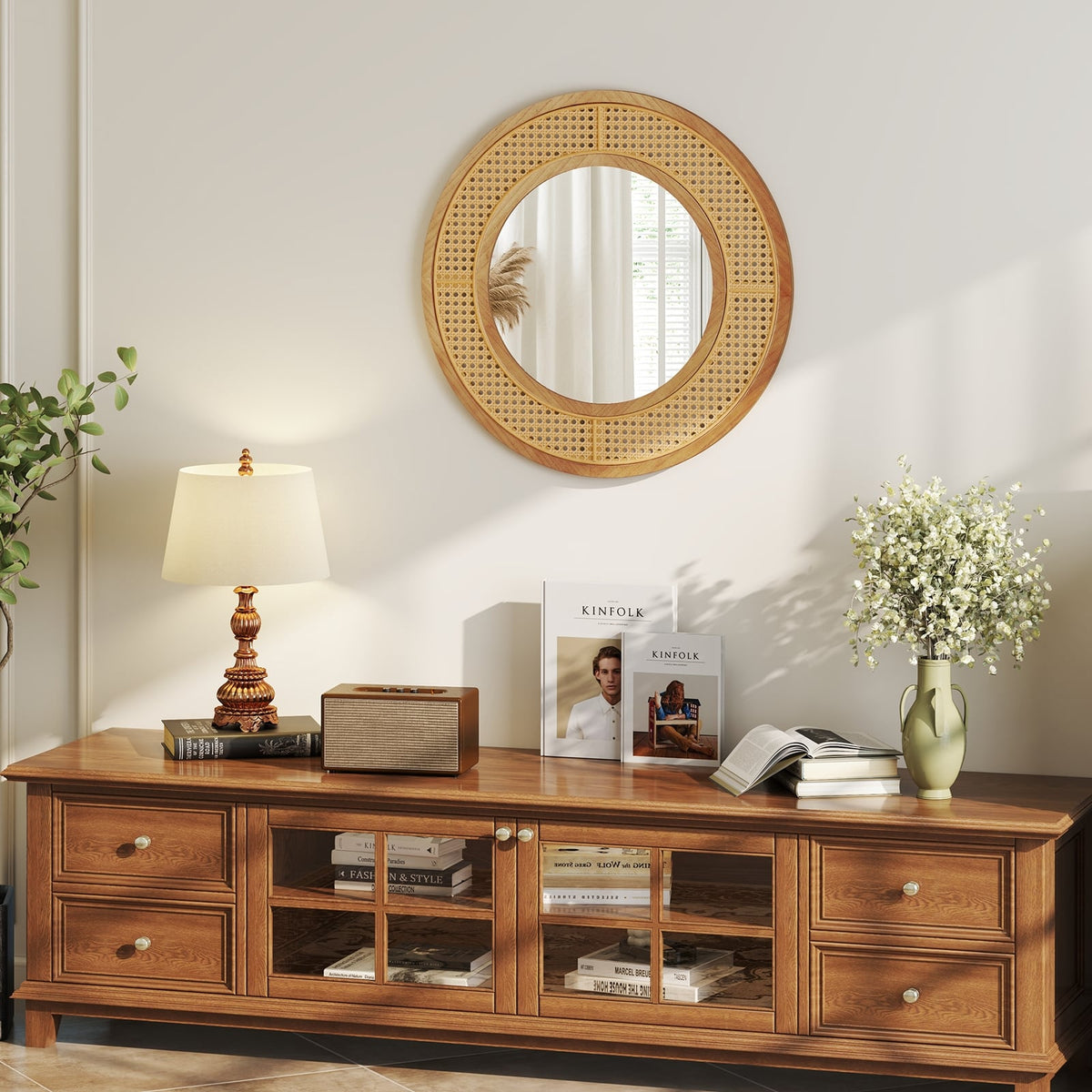 Miroir mural décoratif rond style bohème de 65 cm