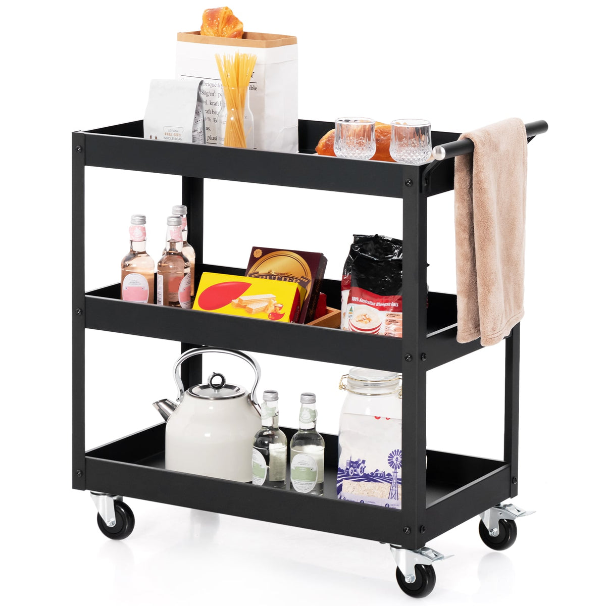 Chariot de service utilitaire à 3 tablettes sur roulettes