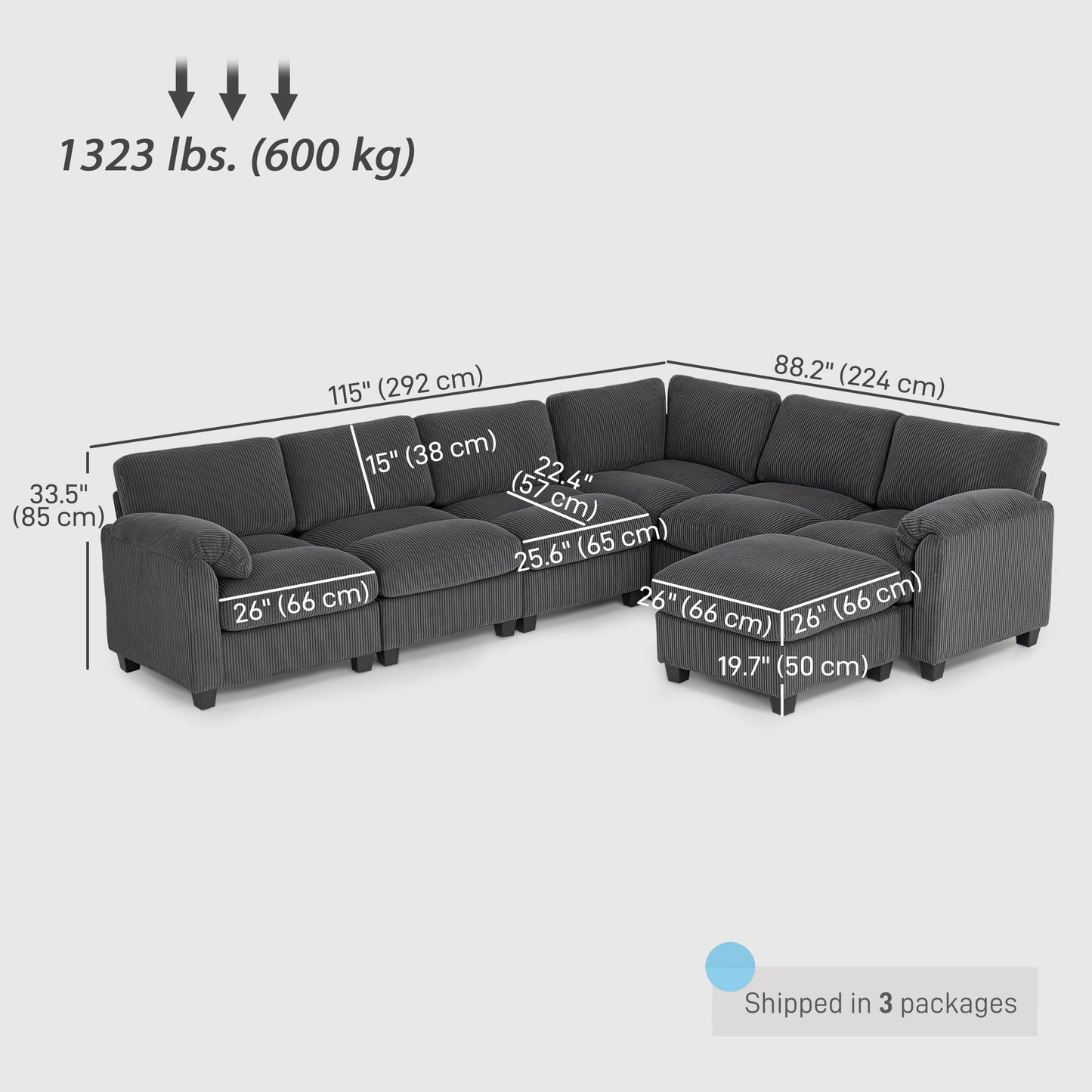 Sofa sectionnel modulaire en forme de U en velours côtelé