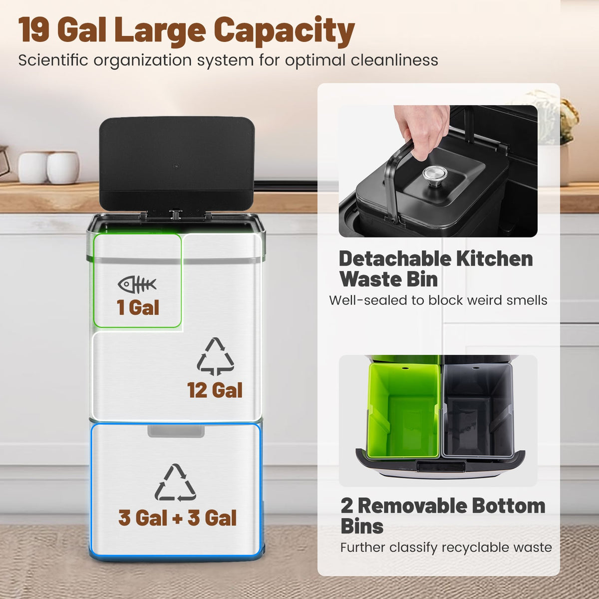 Poubelle intelligente 72 litres en acier inoxydable
