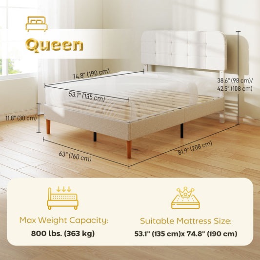 Cadre de lit queen avec tête de lit ajustable tapissée