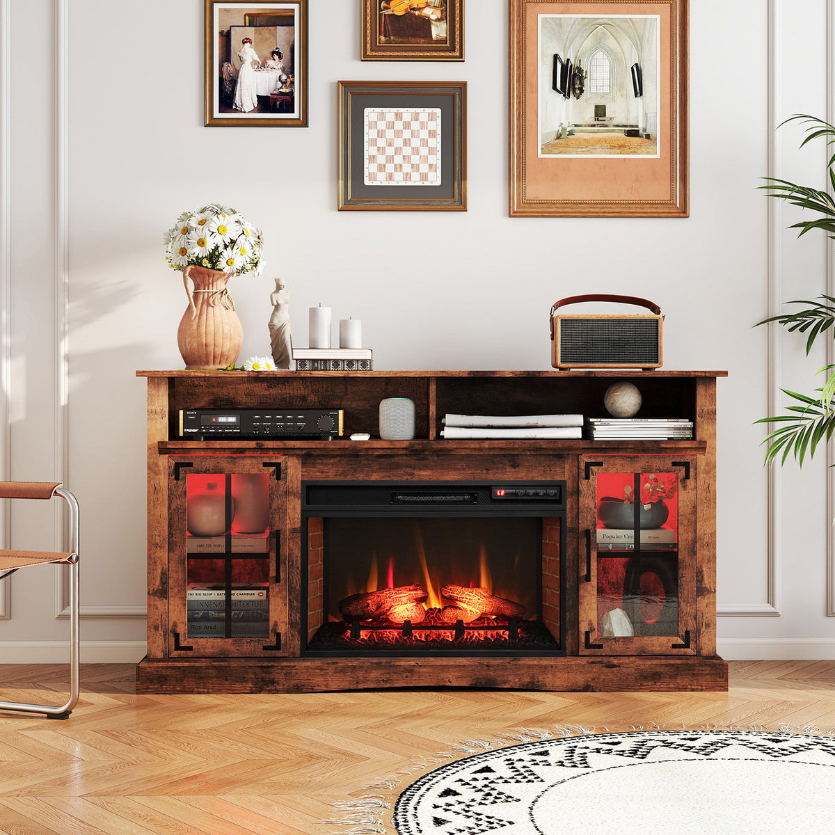 Meuble TV rustique avec foyer électrique pour téléviseur jusqu'à 127 cm