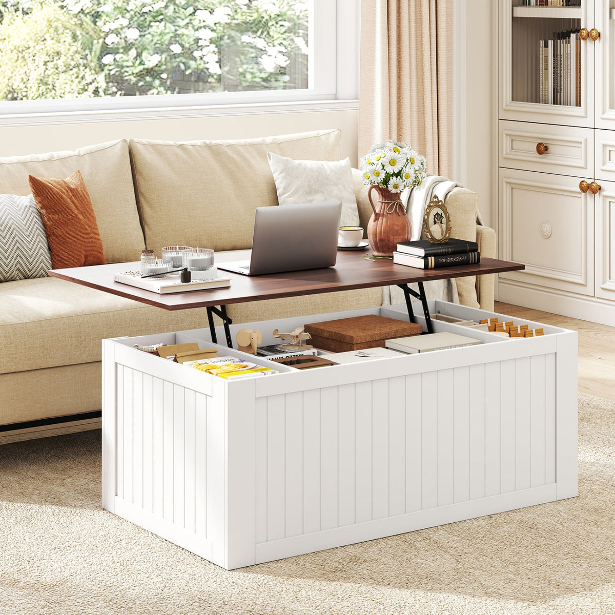 Table basse relevable plateau élévateur avec porte de grange 120 cm