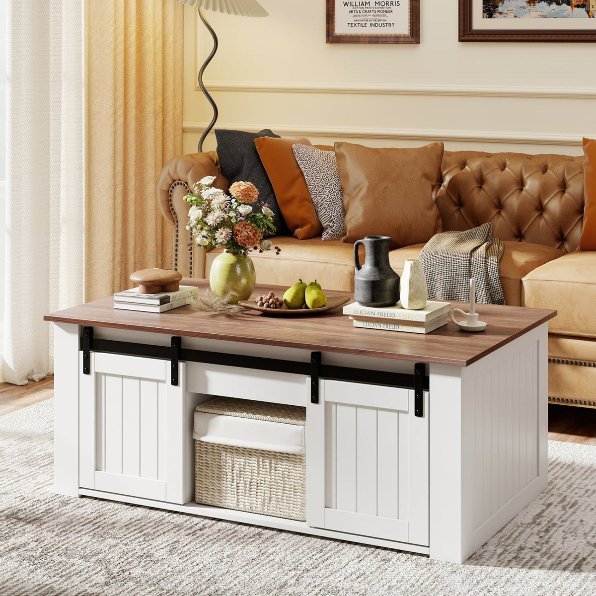 Table basse relevable plateau élévateur avec porte de grange 120 cm