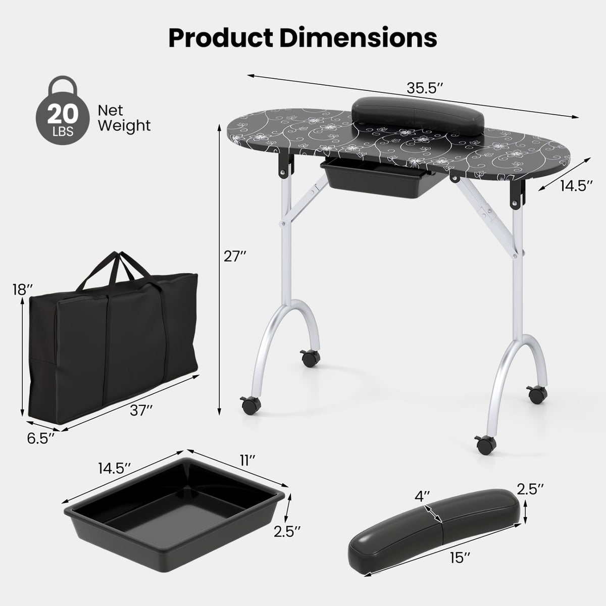 Table à manucure portable pliable avec tiroir et coussin