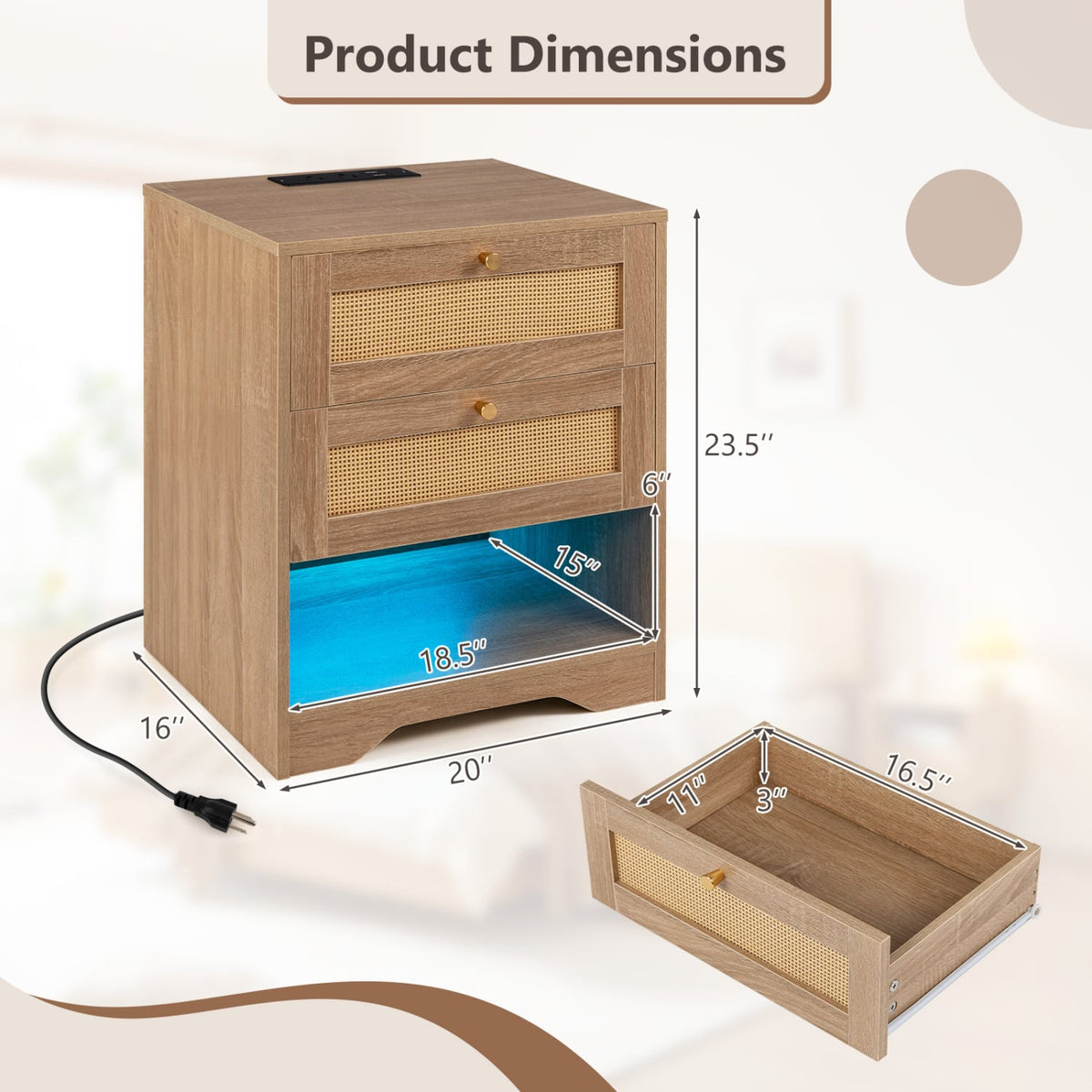 Ensemble de 2 tables de chevet avec station de charge et DEL