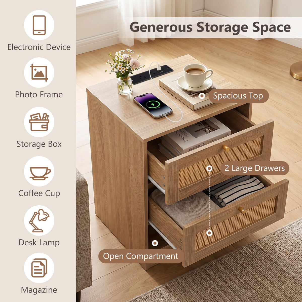 Ensemble de 2 tables de chevet avec station de charge et DEL