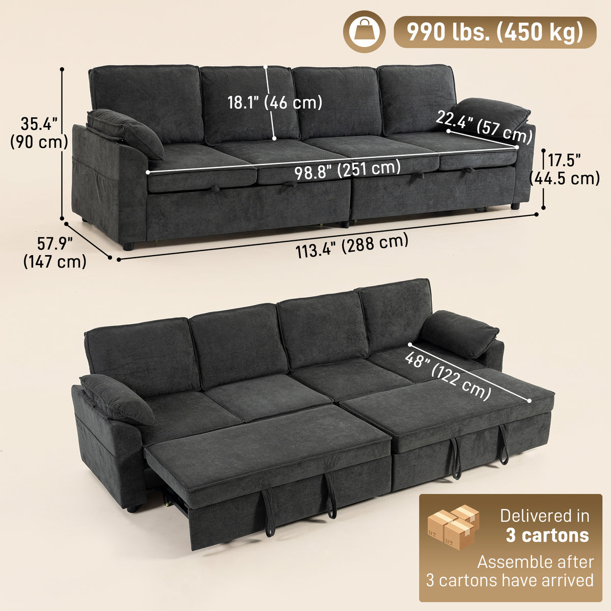 Causeuse convertible double extraction tissu chenille
