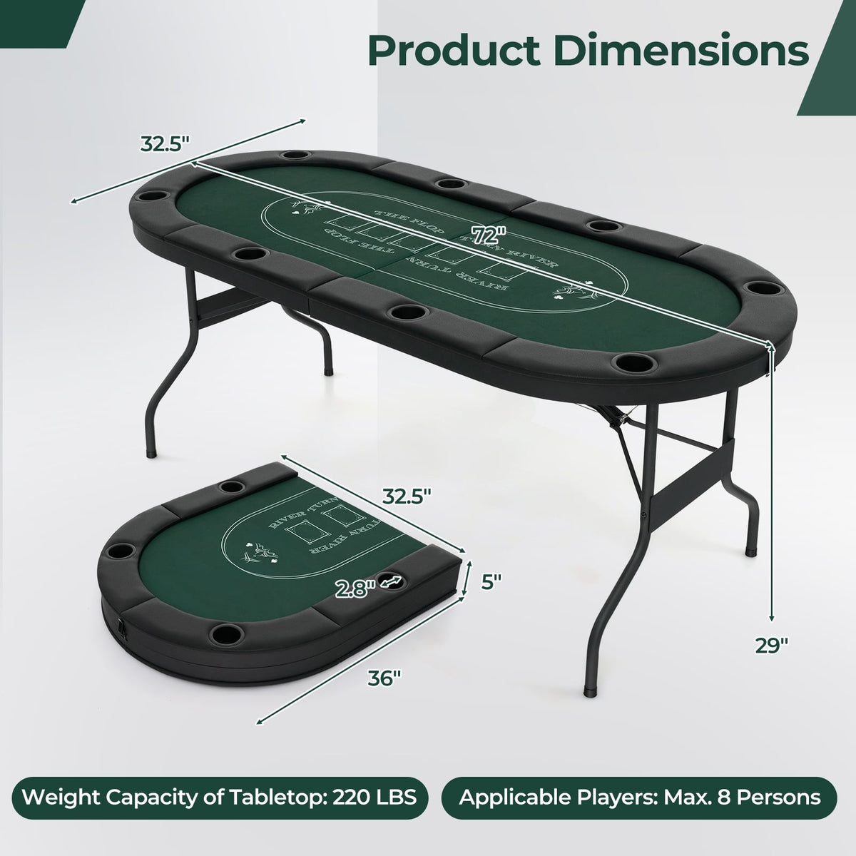 Table de poker pliante ovale pour 8 joueurs 183 cm