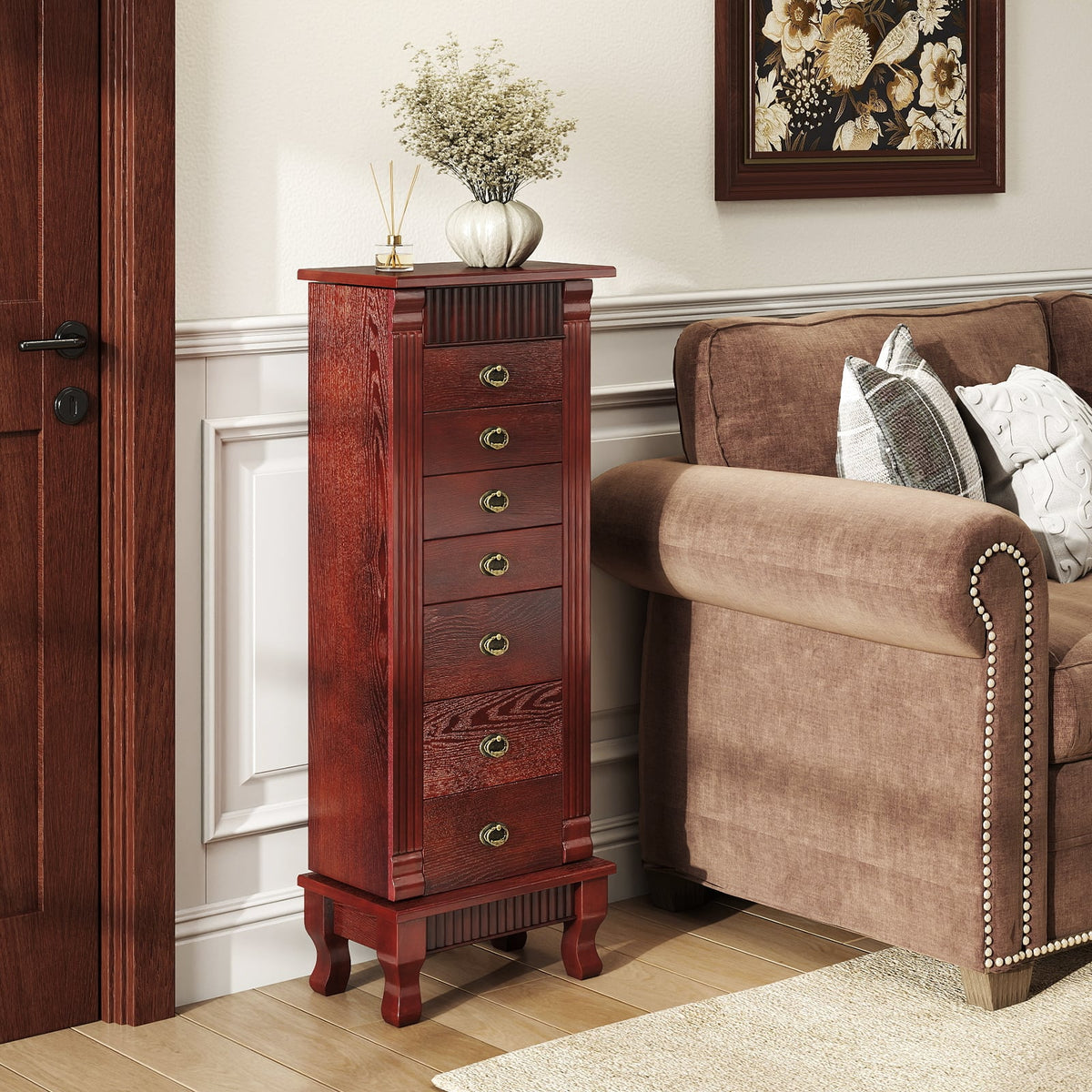 Armoire à bijoux en bois avec tiroirs et portes battantes