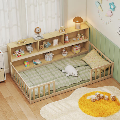 Lit de sol Montessori pour enfant avec bibliothèque intégrée