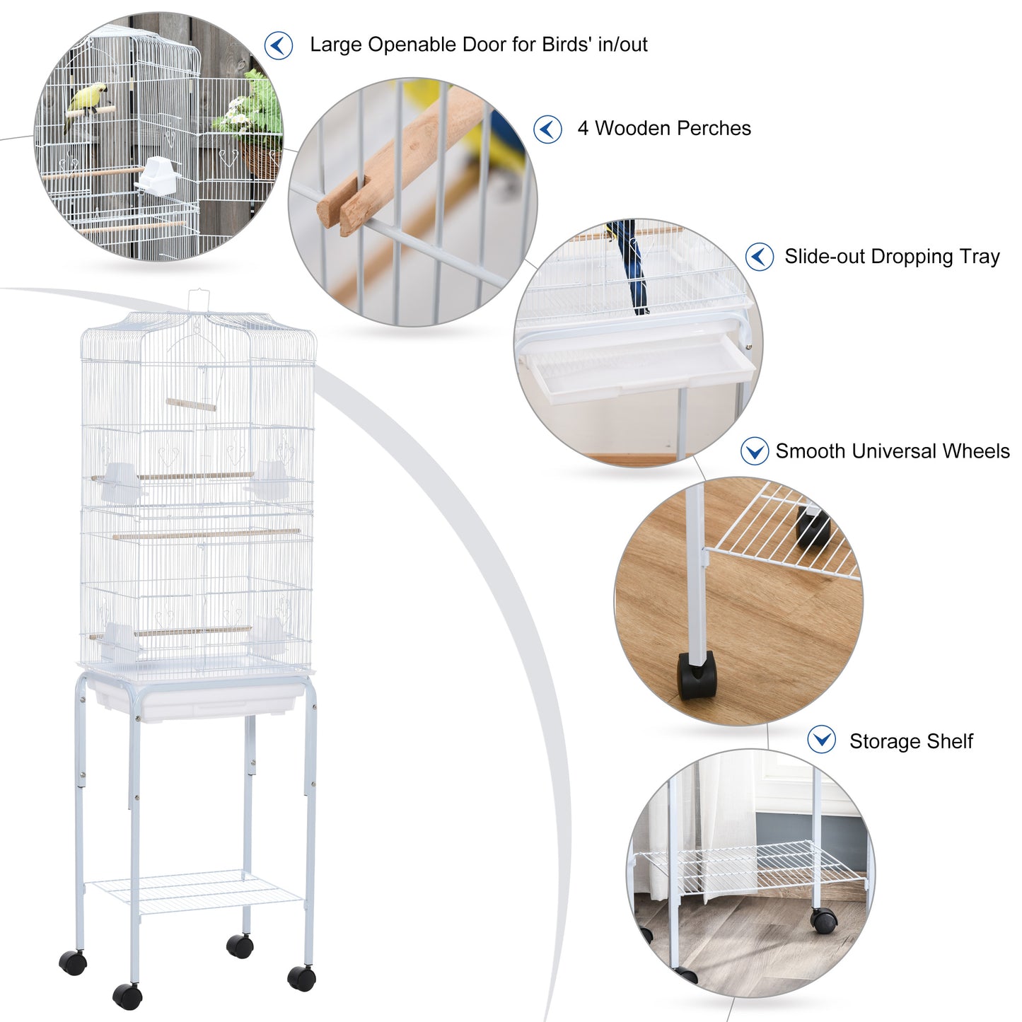 Cage à oiseaux sur roulettes avec tablette de rangement