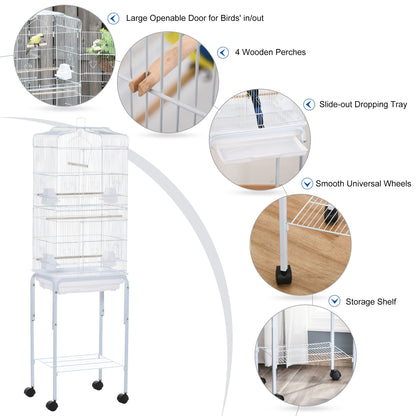 Cage à oiseaux sur roulettes avec tablette de rangement