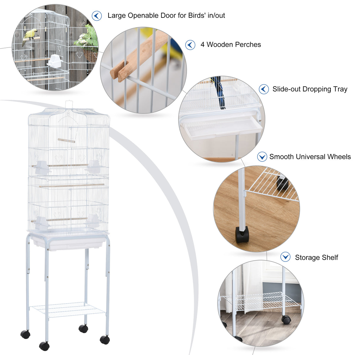 Cage à oiseaux sur roulettes avec tablette de rangement