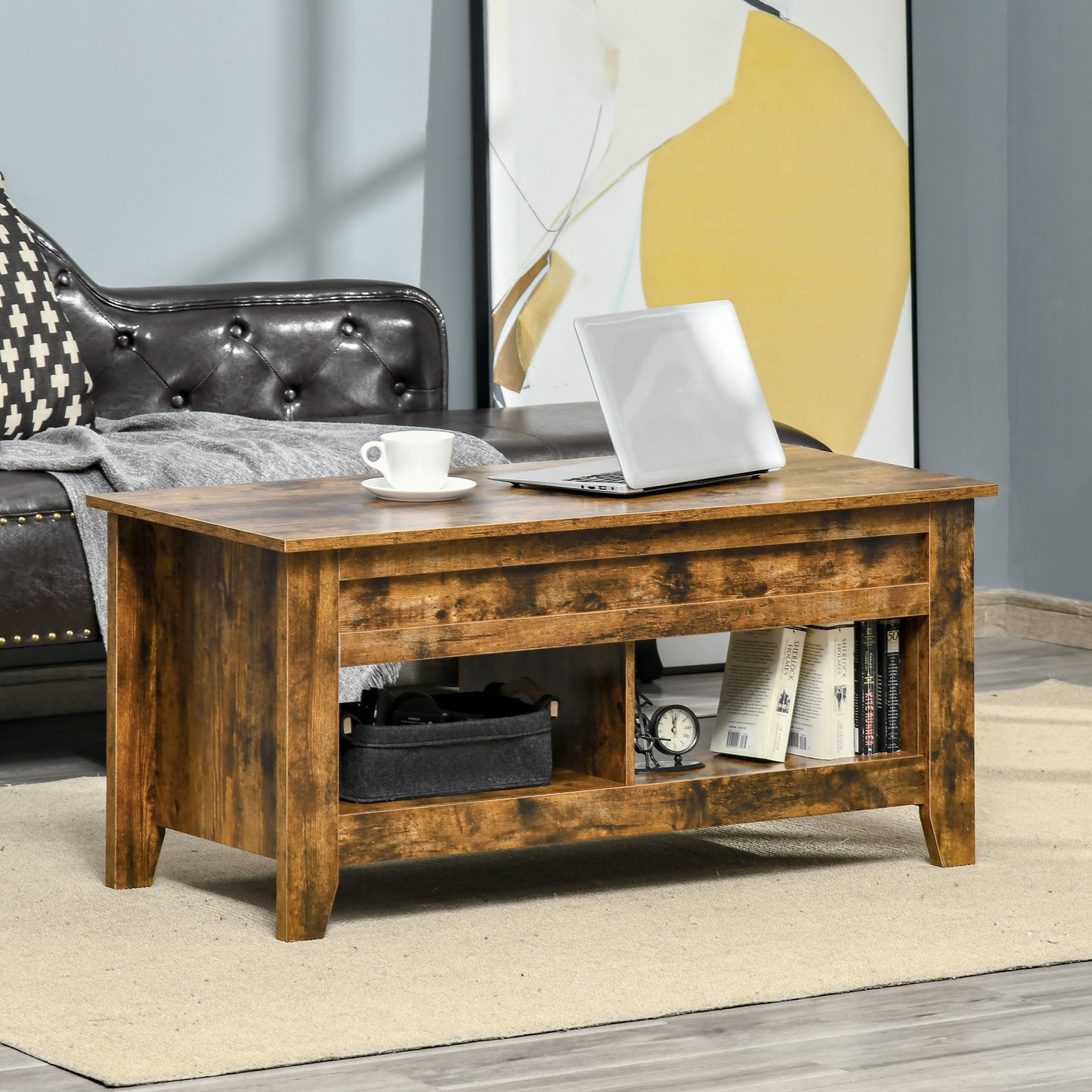 Table à café avec plateau relevable et rangement caché