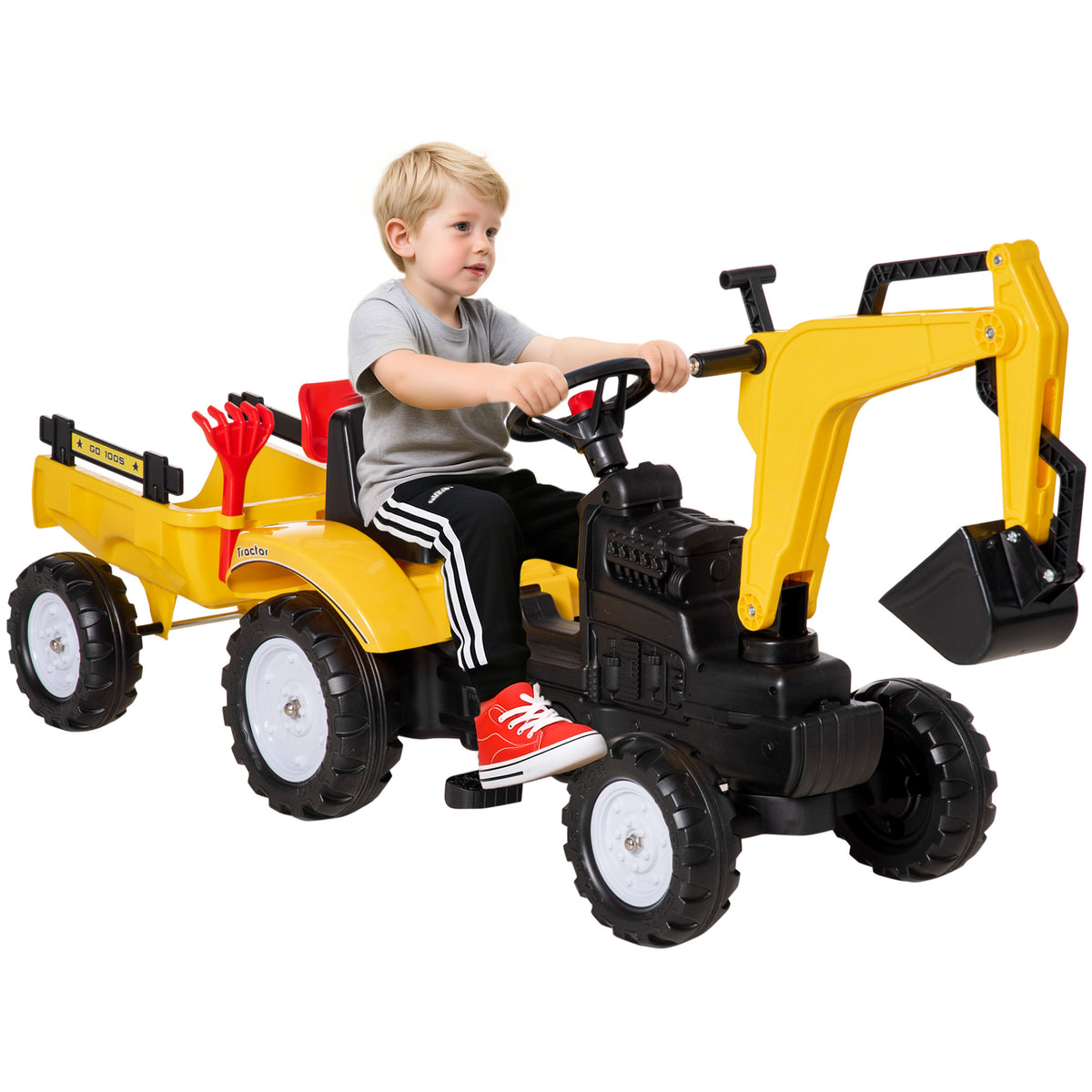 Tracteur à pédales avec bras excavateur et remorque