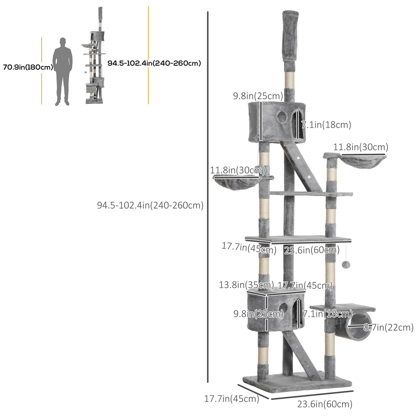 Arbre à chat multi-niveaux ajustable 240-260 cm
