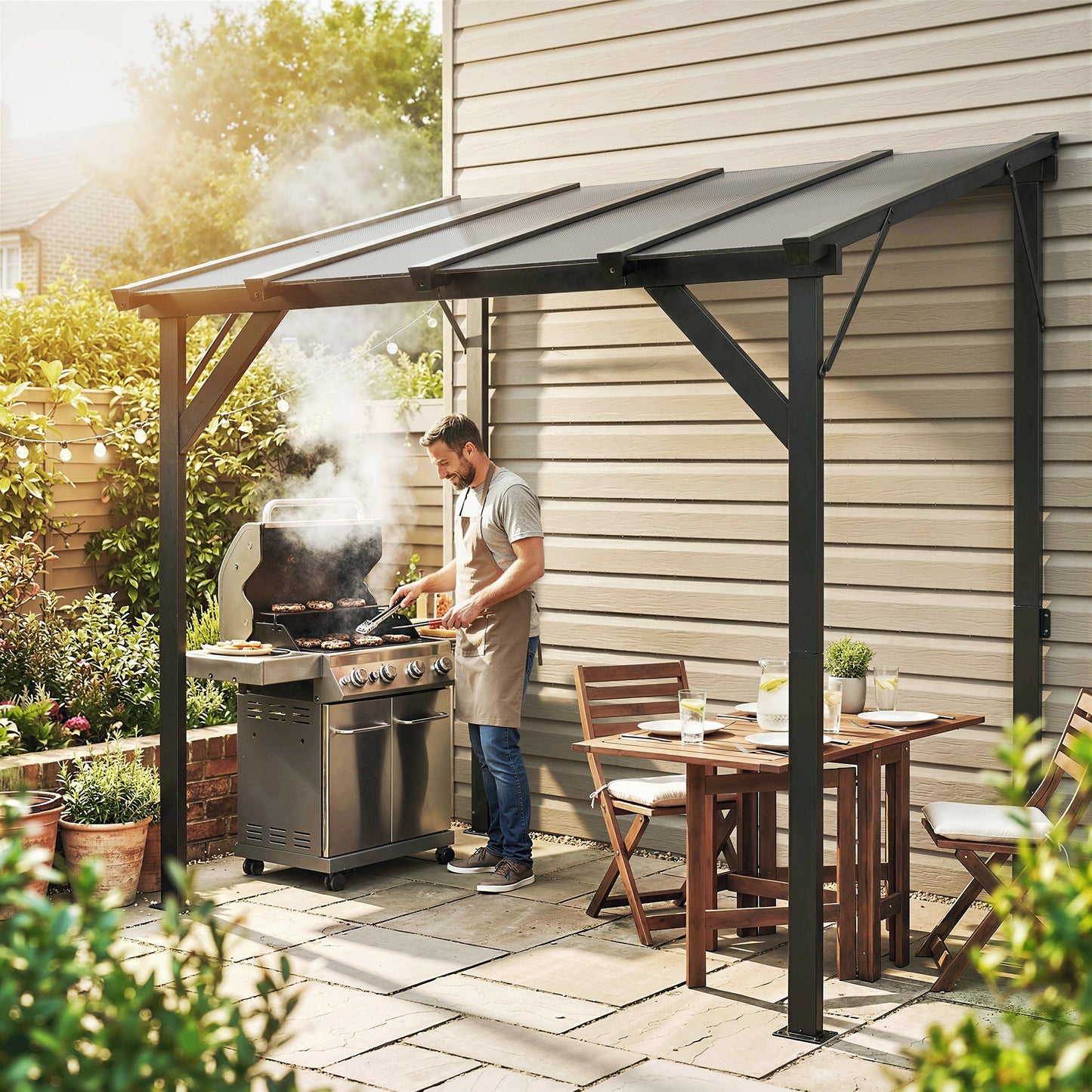 Gazebo BBQ Adossé Toit Rigide Polycarbonate