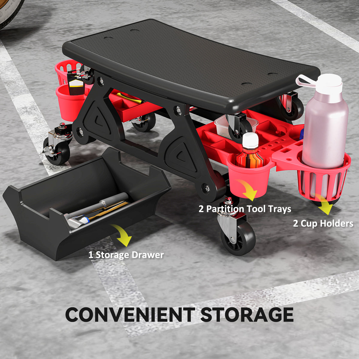 Tabouret de garage roulant avec roulettes et plateaux à outils