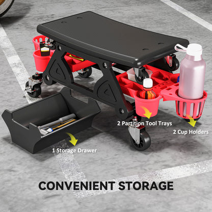 Tabouret de garage roulant avec roulettes et plateaux à outils