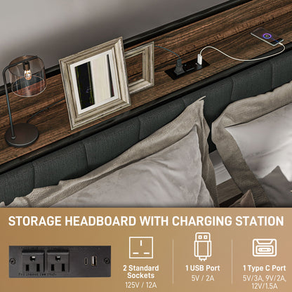 Cadre de lit queen avec tête de lit et station de recharge