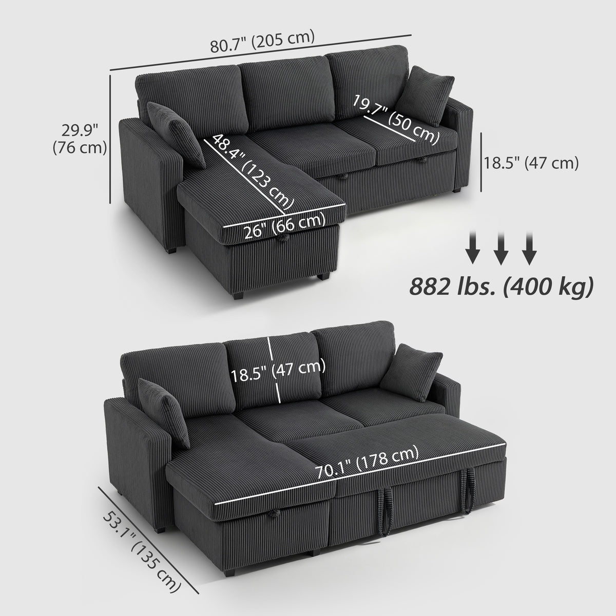 Canapé-lit convertible 206 cm rangement intégré