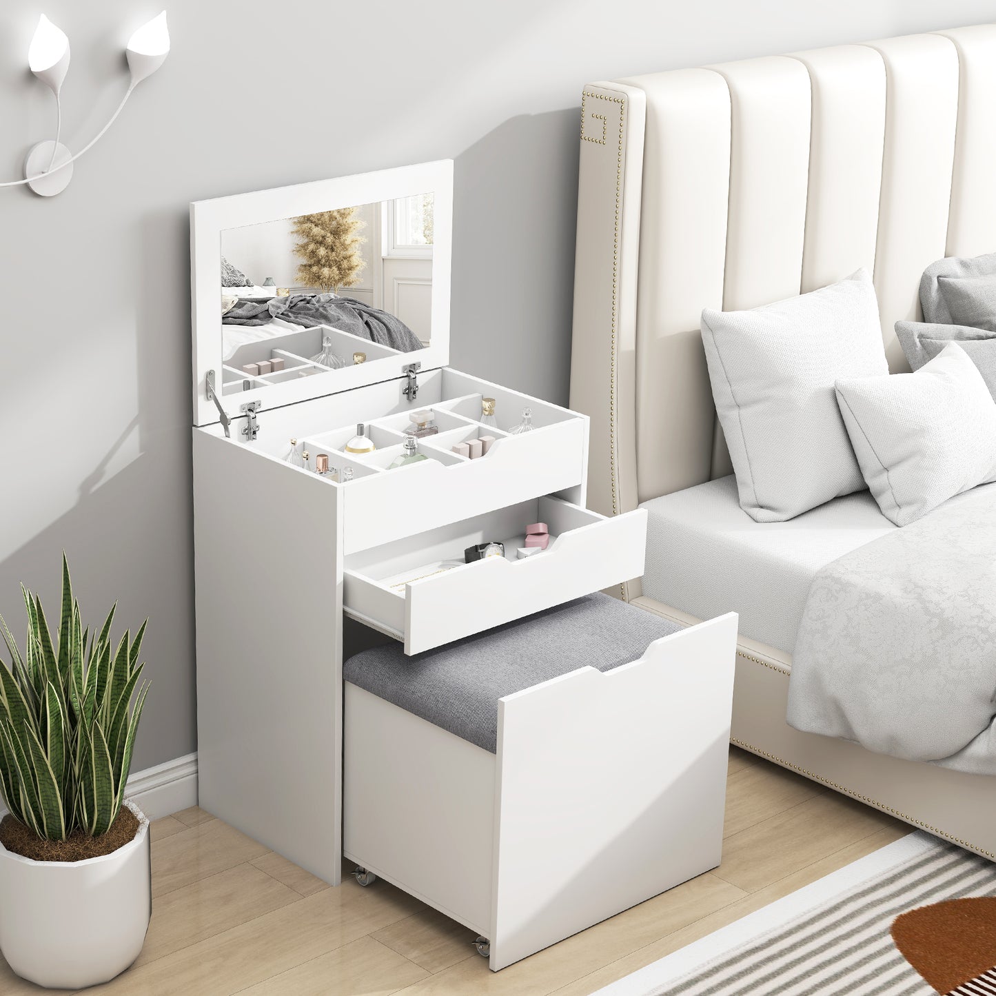 Coiffeuse avec miroir rabattable et tabouret