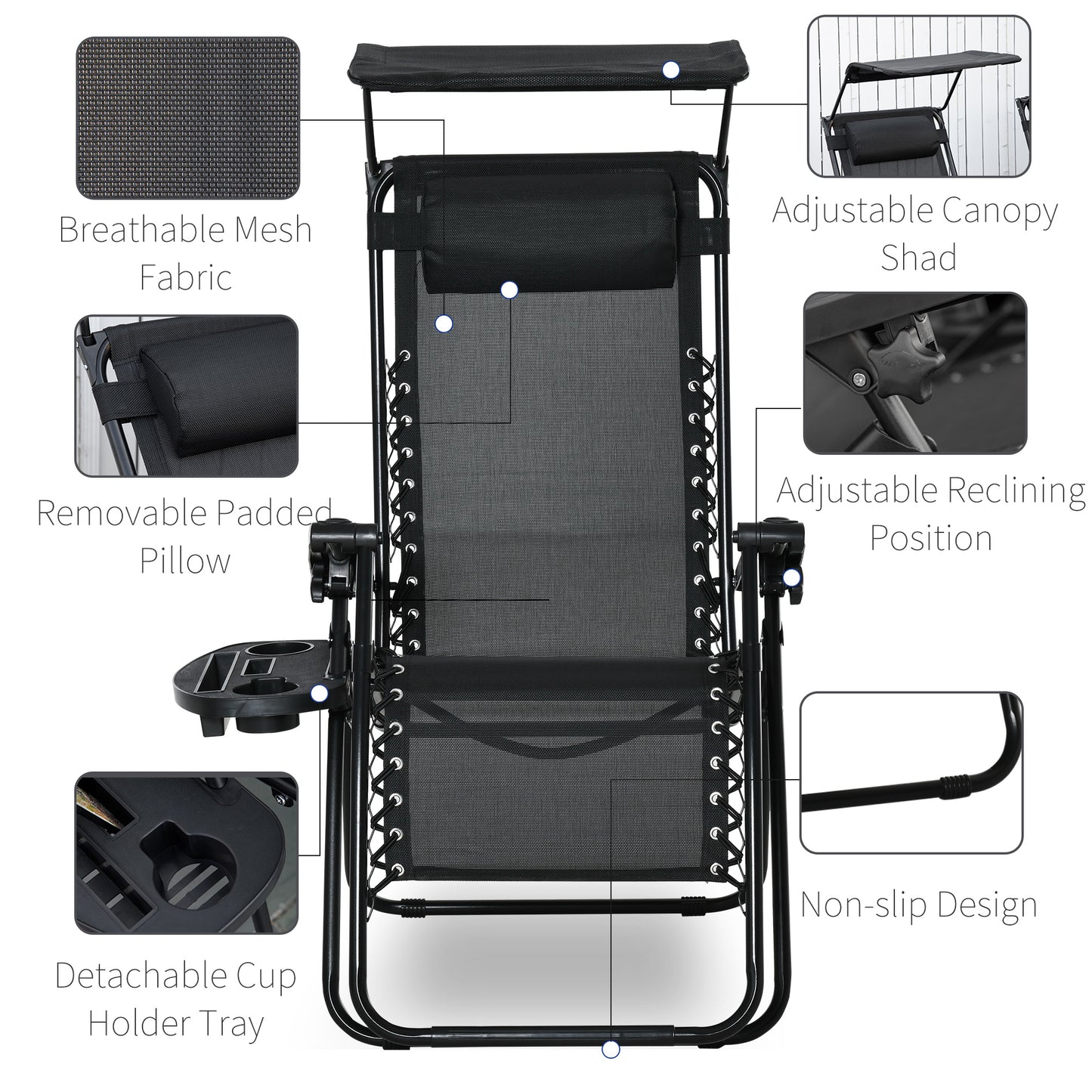 Chaise longue zéro gravité pliable avec auvent
