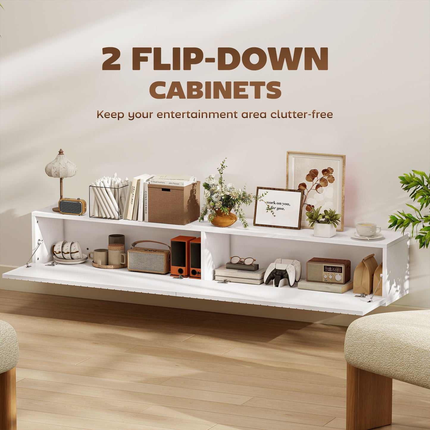 Meuble TV mural flottant avec portes cannelées 180 cm