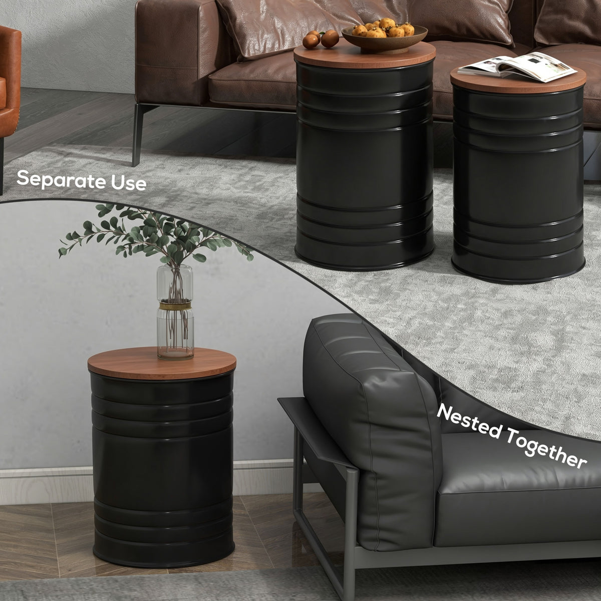 Ensemble table d'appoint gigogne avec rangement — noir