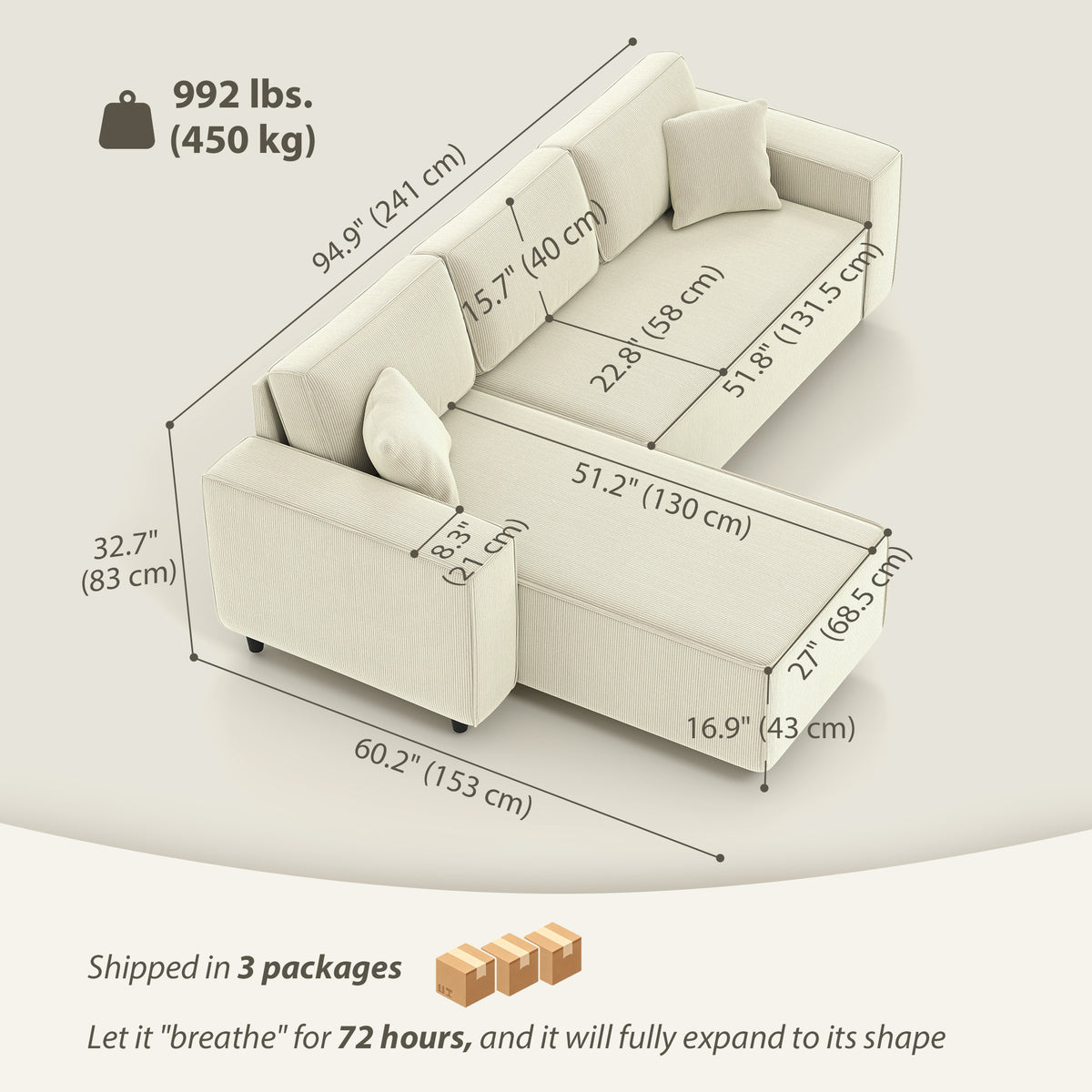Divan d'angle en velours côtelé avec chaise réversible