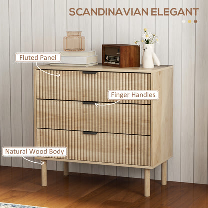 Commode 3 tiroirs à panneaux cannelés et pieds en bois