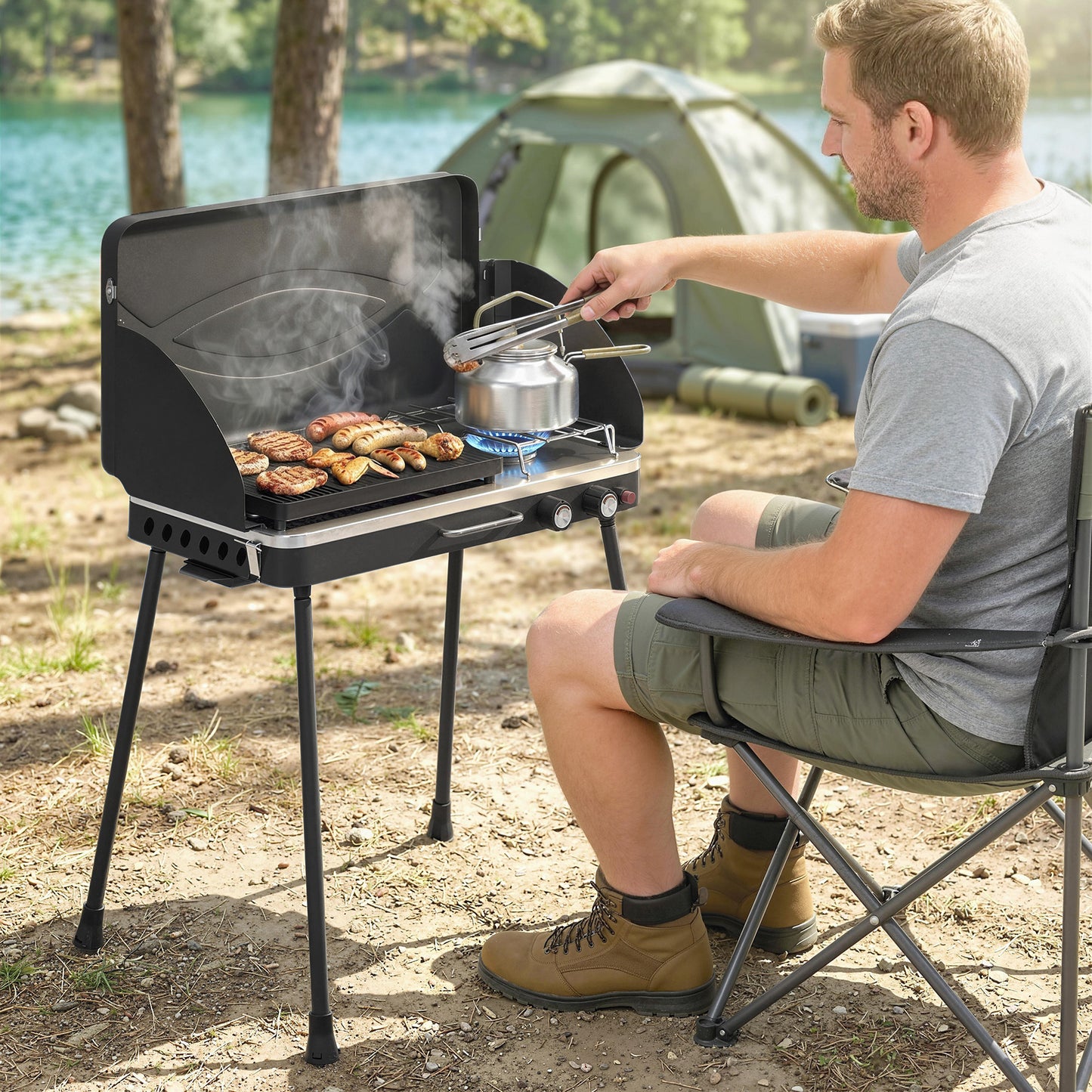 Barbecue-réchaud de camping 2-en-1 portable 20 000 BTU