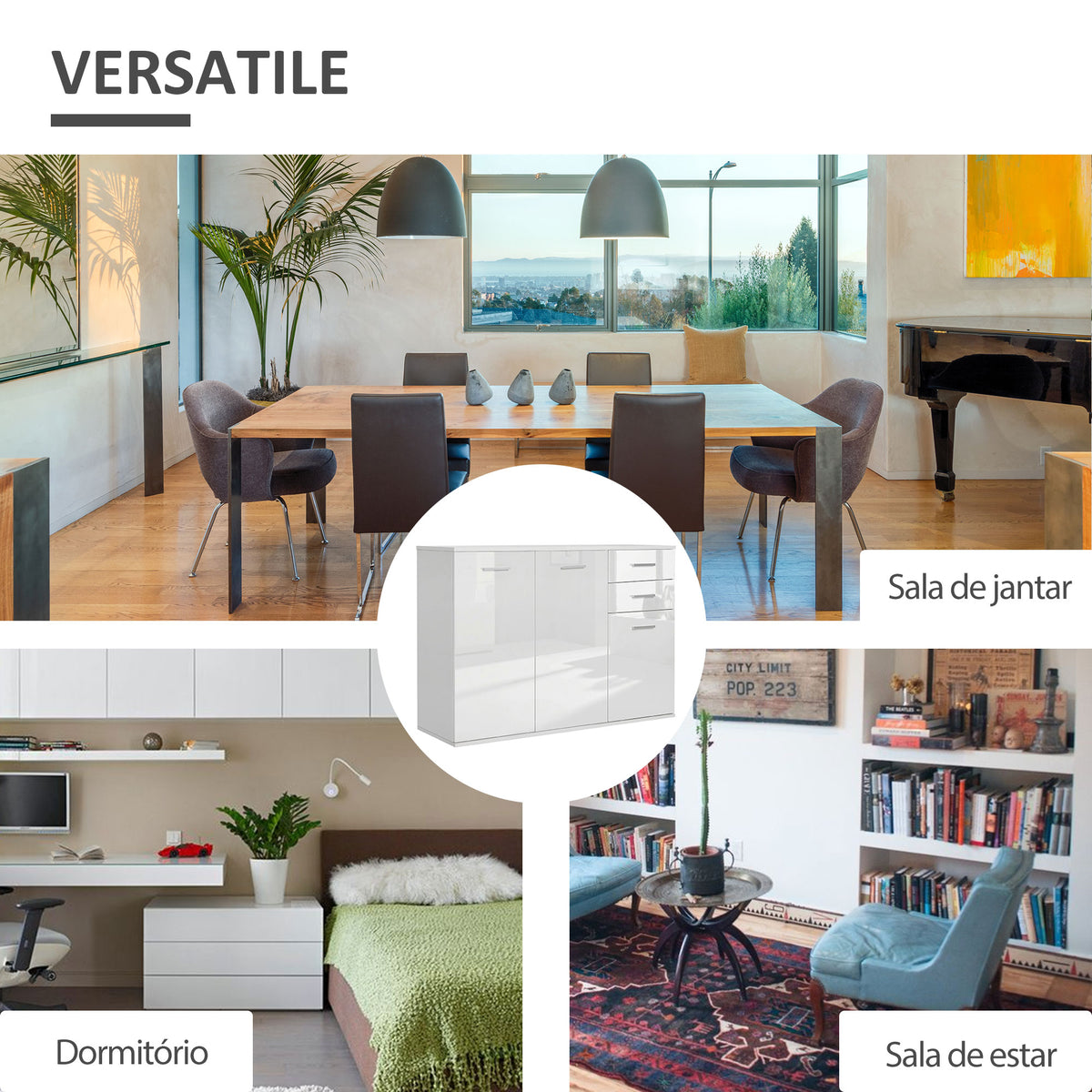 Buffet haut brillant avec tiroirs et portes