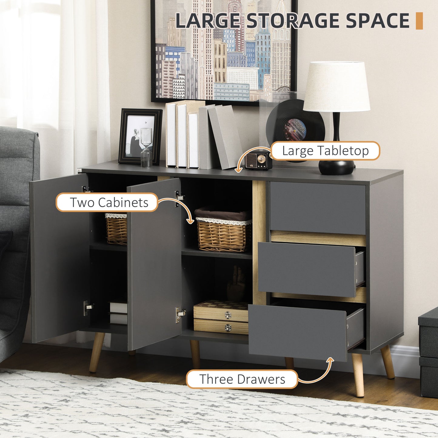 Buffet bahut avec tablettes ajustables — gris foncé