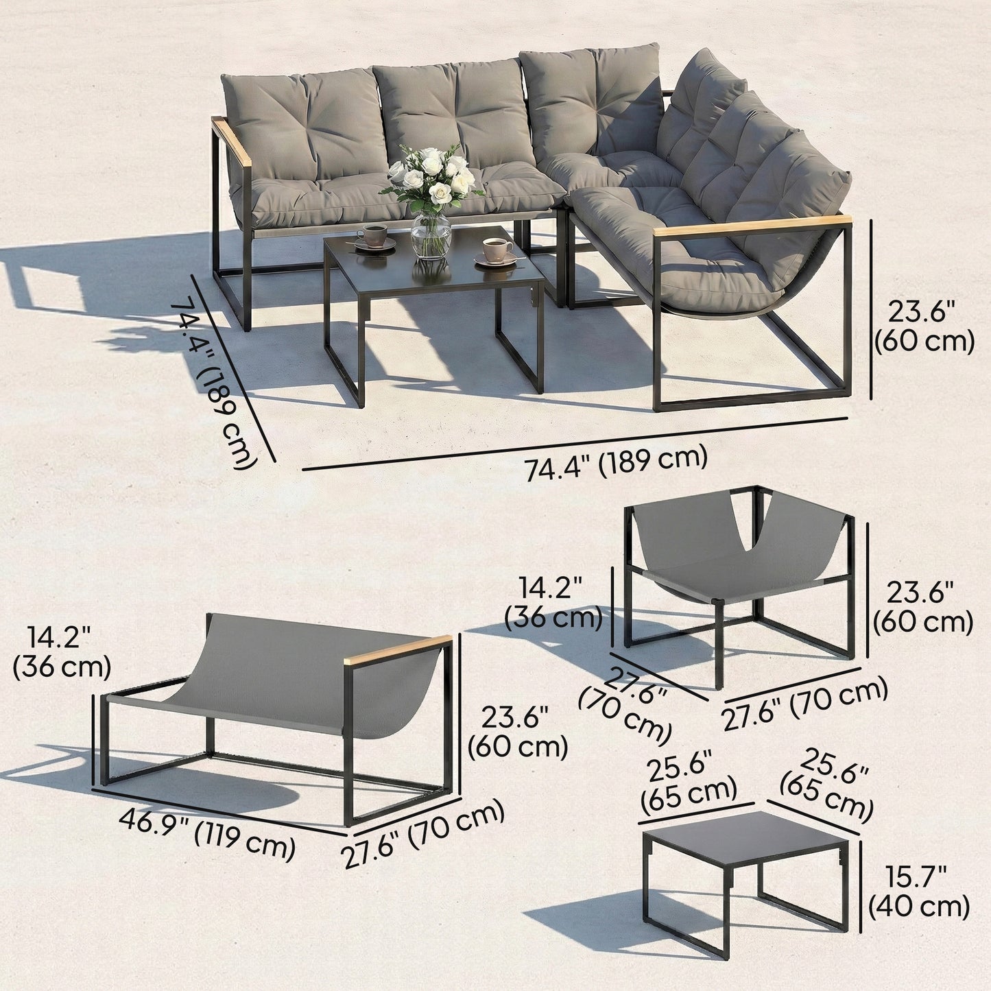 Outsunny 4-Piece Patio Conversation Set with Thick Cushions - Grey