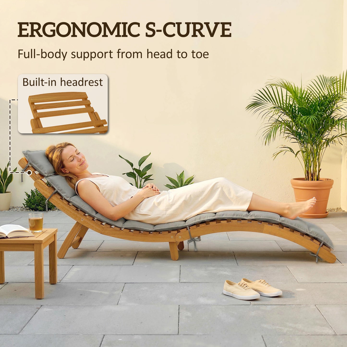 Chaise longue pliante en bois d'acacia avec coussin
